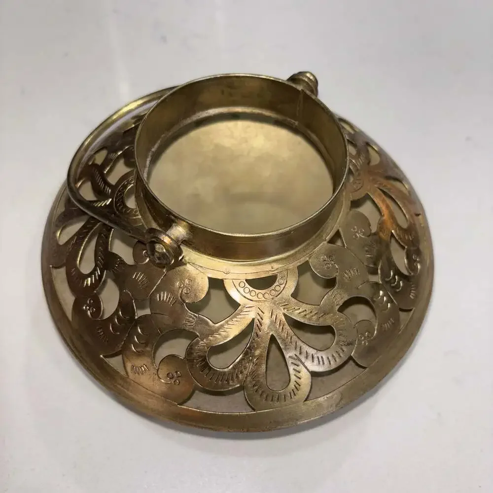 Vintage Hand-Etched Brass Tea Light Holder with Reticulated Floral Design